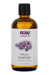 NOW Foods 100% pure lavender oil bottle, 118 ml, known for its calming and stress-reducing properties.